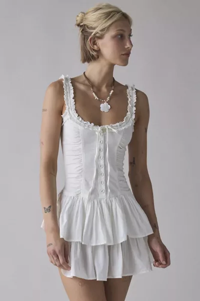 Ecote Olive Ruffled Drop Waist Milkmaid Mini Dress