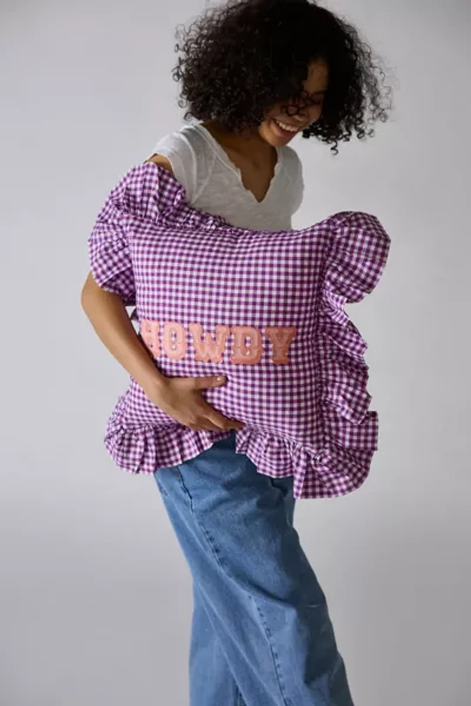 Gingham Howdy Slogan Text Ruffle Throw Pillow