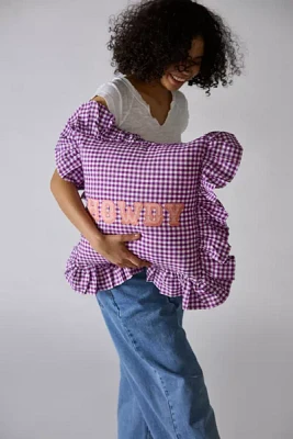 Gingham Howdy Slogan Text Ruffle Throw Pillow