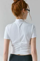 WMWM Gathered Mockneck Quarter-Zip Short Sleeve Top