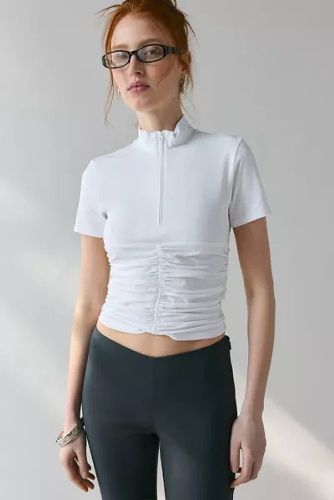 WMWM Gathered Mockneck Quarter-Zip Short Sleeve Top