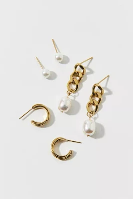 Waterproof Pearl Post & Hoop Earring Set