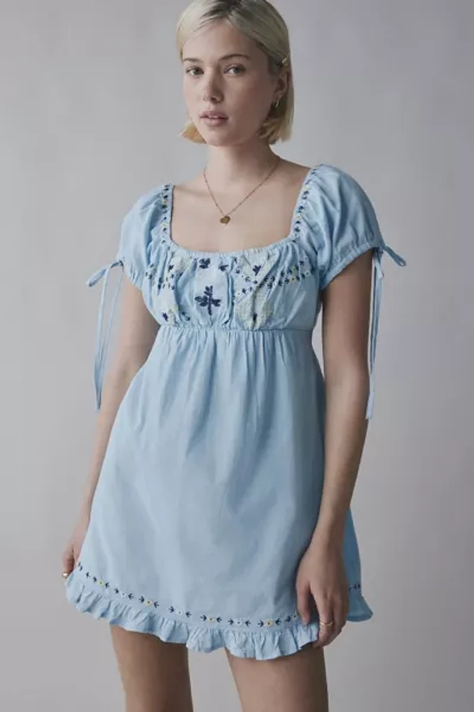 Kimchi Blue Marcella Embroidered Tie-Back Babydoll Mini Dress