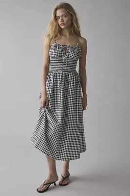 Glamorous Gingham Tie-Front Smocked Midi Dress