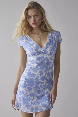 Glamorous Blue Floral Satin Lace-Trim Slip Mini Dress