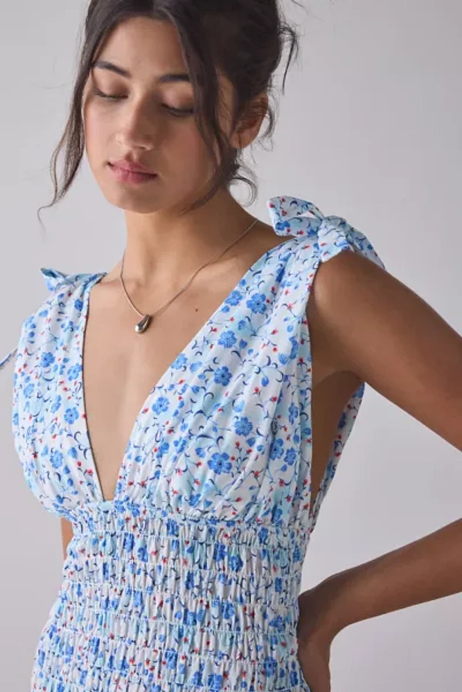 Glamorous Ditsy Floral Cotton Plunge Bow Strap Smocked Mini Dress