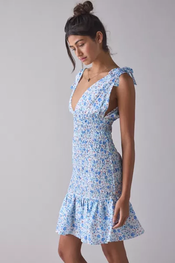Glamorous Ditsy Floral Cotton Plunge Bow Strap Smocked Mini Dress