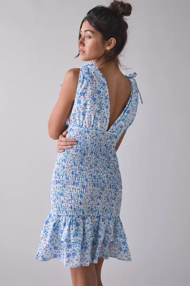 Glamorous Ditsy Floral Cotton Plunge Bow Strap Smocked Mini Dress