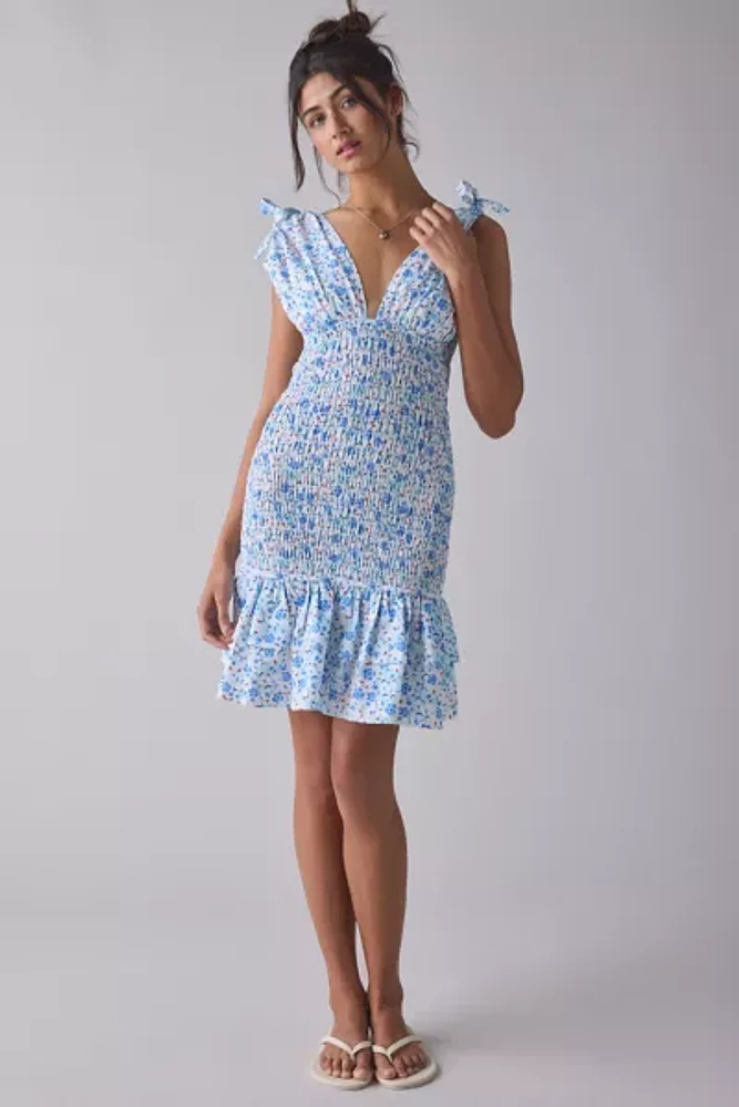 Glamorous Ditsy Floral Cotton Plunge Bow Strap Smocked Mini Dress