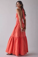 Glamorous Coral Plunge Halter Drop Waist Tiered Maxi Dress
