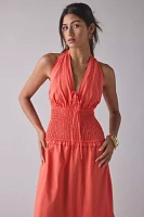 Glamorous Coral Plunge Halter Drop Waist Tiered Maxi Dress