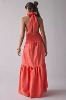 Glamorous Coral Plunge Halter Drop Waist Tiered Maxi Dress