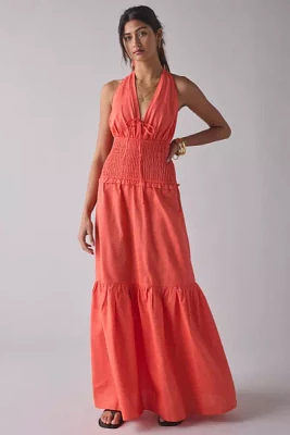 Glamorous Coral Plunge Halter Drop Waist Tiered Maxi Dress