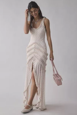 AFRM Landa Polka Dot Mesh Ruffle-Trim Maxi Dress