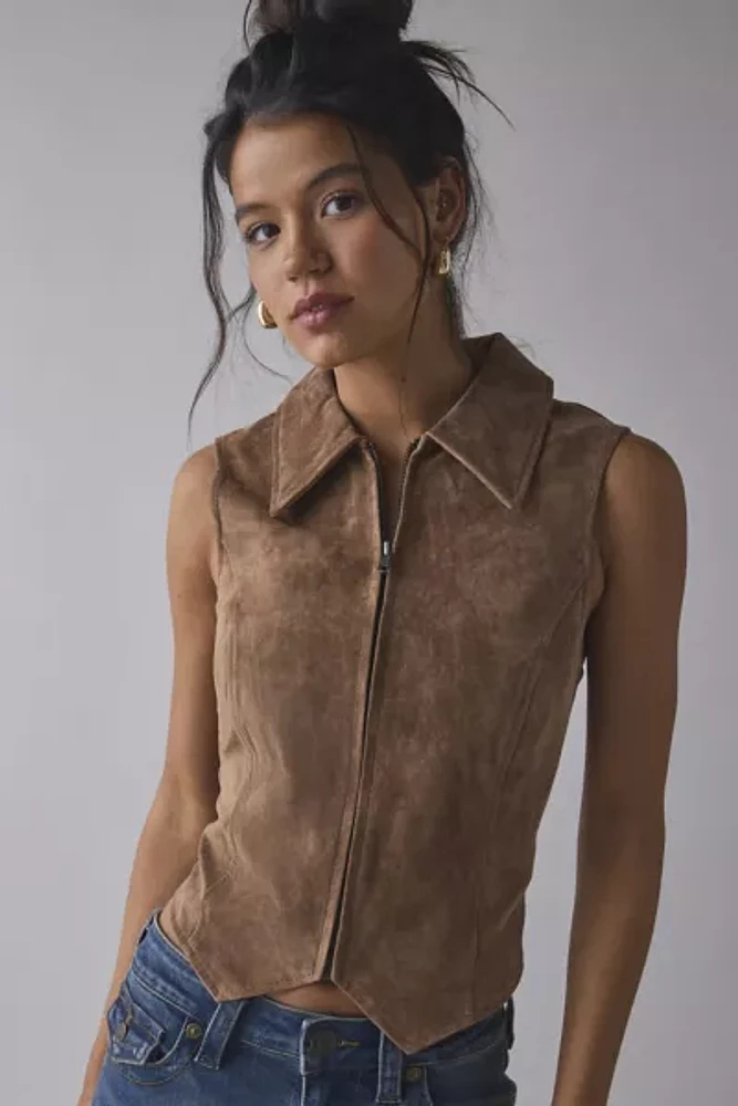 UO Ryley Suede Zip-Front Vest Top