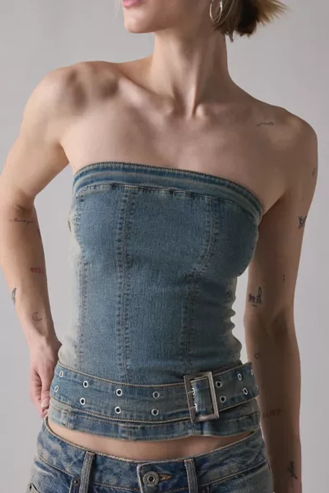Silence + Noise Mia Belted Buckle Denim Tube Top
