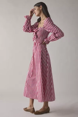 Glamorous Cherry Gingham Tie-Front Bow Smocked Midi Dress