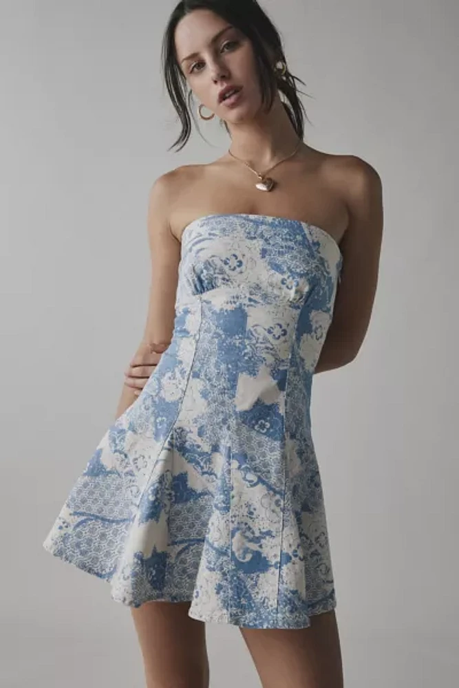 UO Angelique Fit-And-Flare Strapless Denim Mini Dress