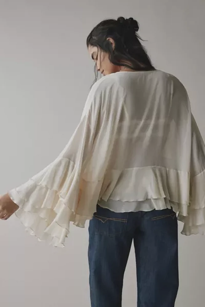 UO Twilla Ruffled Sheer Chiffon Tie-Front Flyaway Blouse
