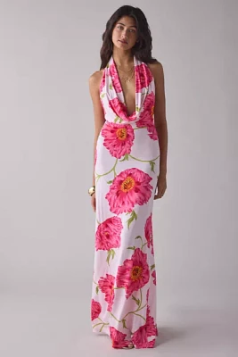 AFRM Imade Oversized Peony Plunging Cowl Halter Maxi Dress