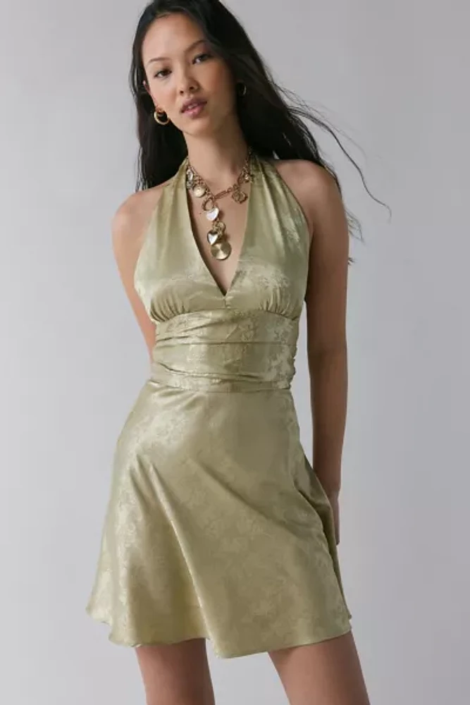 Rare London Floral Satin Plunge Halter Mini Dress