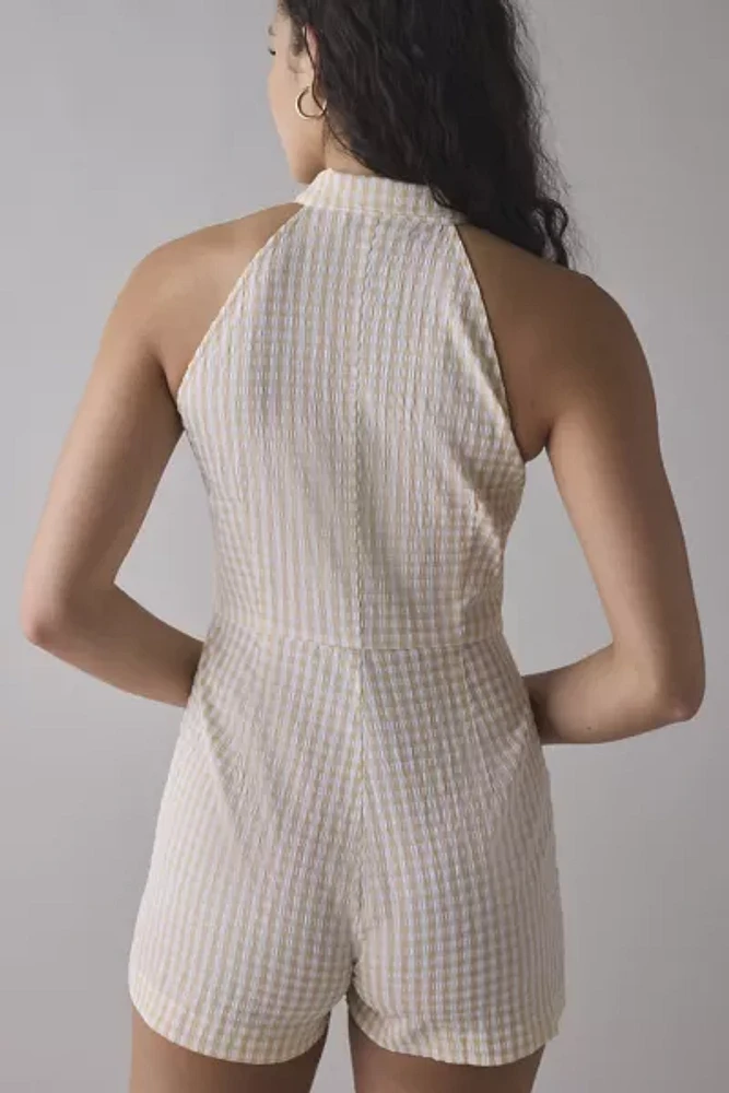 Rare London Lemon Gingham Button-Front Romper