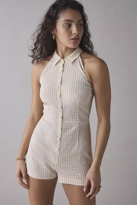 Rare London Lemon Gingham Button-Front Romper