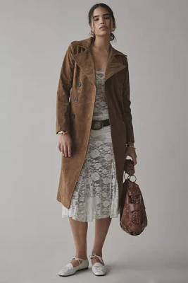 Avec Le Filles Double-Breasted Faux Suede Belted Trench Coat