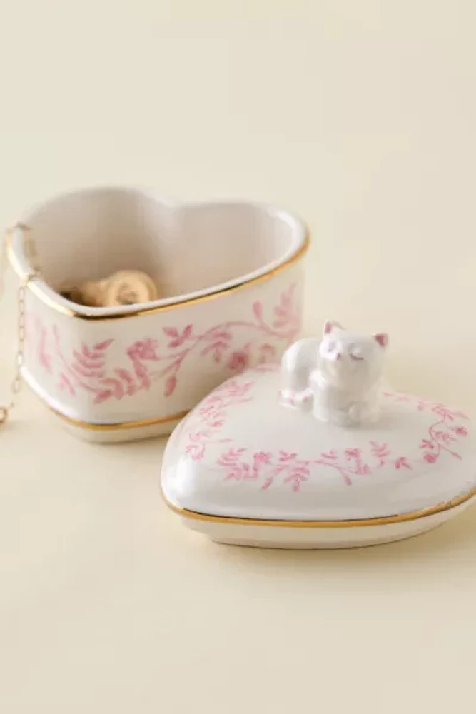 Sculpted Cat Heart Ceramic Trinket Box