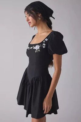 Kiss The Sky Floral Embroidered Puff Sleeve Open Bow-Back Mini Dress