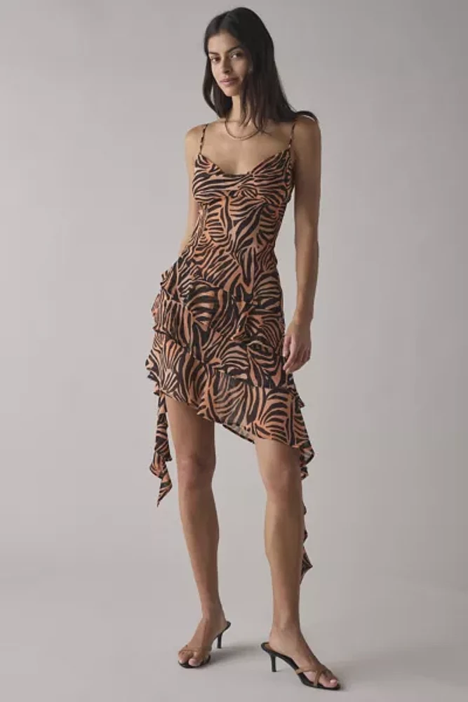 AFRM Ashmont Tiger Print Mesh Cascading Ruffle Mini Dress