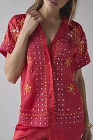 BDG Nash Satin Mirror Sequin Souvenir Short Sleeve Button-Down Shirt