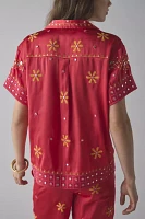 BDG Nash Satin Mirror Sequin Souvenir Short Sleeve Button-Down Shirt