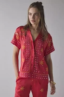BDG Nash Satin Mirror Sequin Souvenir Short Sleeve Button-Down Shirt