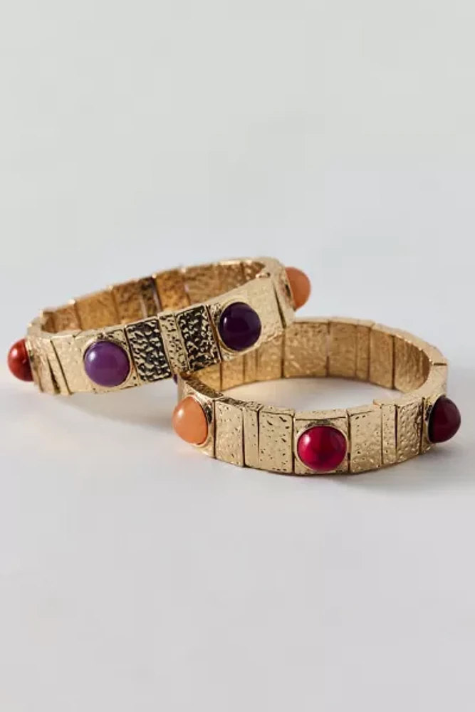 Stone Inset Chunky Tile Beaded Stretch Bracelet Set