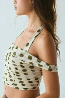 AFRM Elsje Birch Dot Ruched Mesh Off-The-Shoulder Halter Top