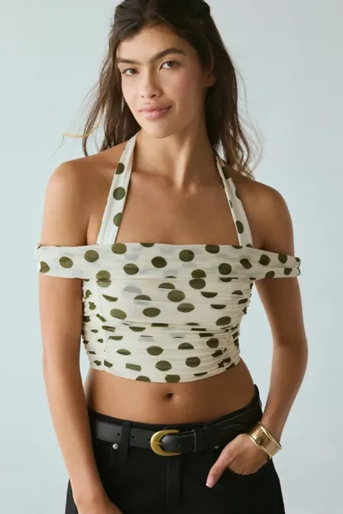 AFRM Elsje Birch Dot Ruched Mesh Off-The-Shoulder Halter Top