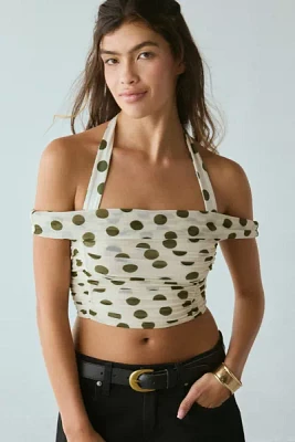 AFRM Elsje Birch Dot Ruched Mesh Off-The-Shoulder Halter Top