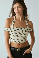 AFRM Elsje Birch Dot Ruched Mesh Off-The-Shoulder Halter Top