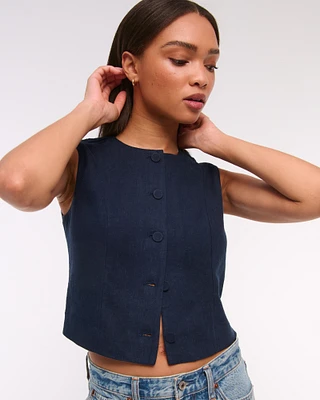 Cropped Linen-Blend Button-Through Vest