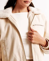 Sherpa-Lined Cropped Twill Workwear Jacket