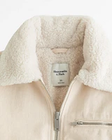 Sherpa-Lined Cropped Twill Workwear Jacket
