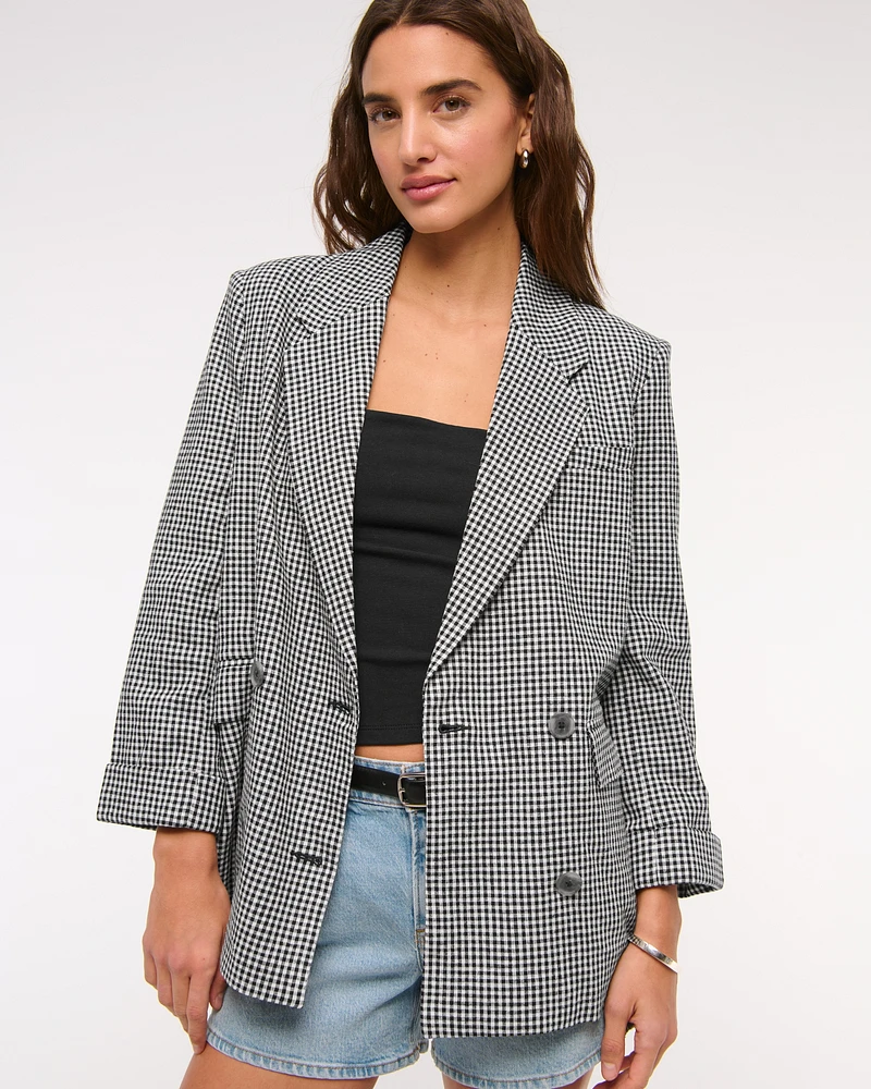 Double-Breasted Linen-Blend Slouchy Blazer