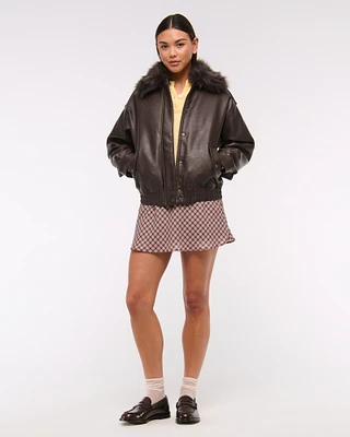 Removable Collar Vegan Leather Bomber Jacket