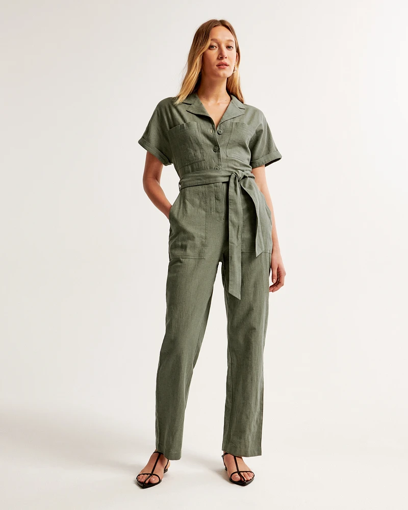 Linen-Blend Utility Jumpsuit