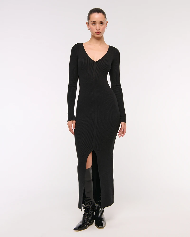 Long-Sleeve V-Neck Maxi Sweater Dress