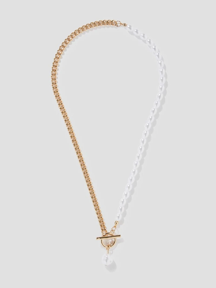 Half Faux-Pearl Toggle Necklace