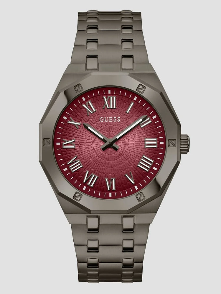 Dark Silver and Burgundy Analog Watch