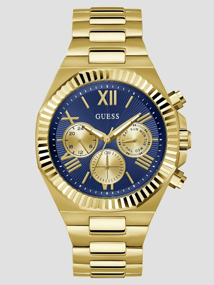 Ridged Gold-Tone and Blue Multifunction Watch
