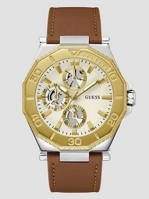 Two-Tone and Brown Leather Multifunction Watch